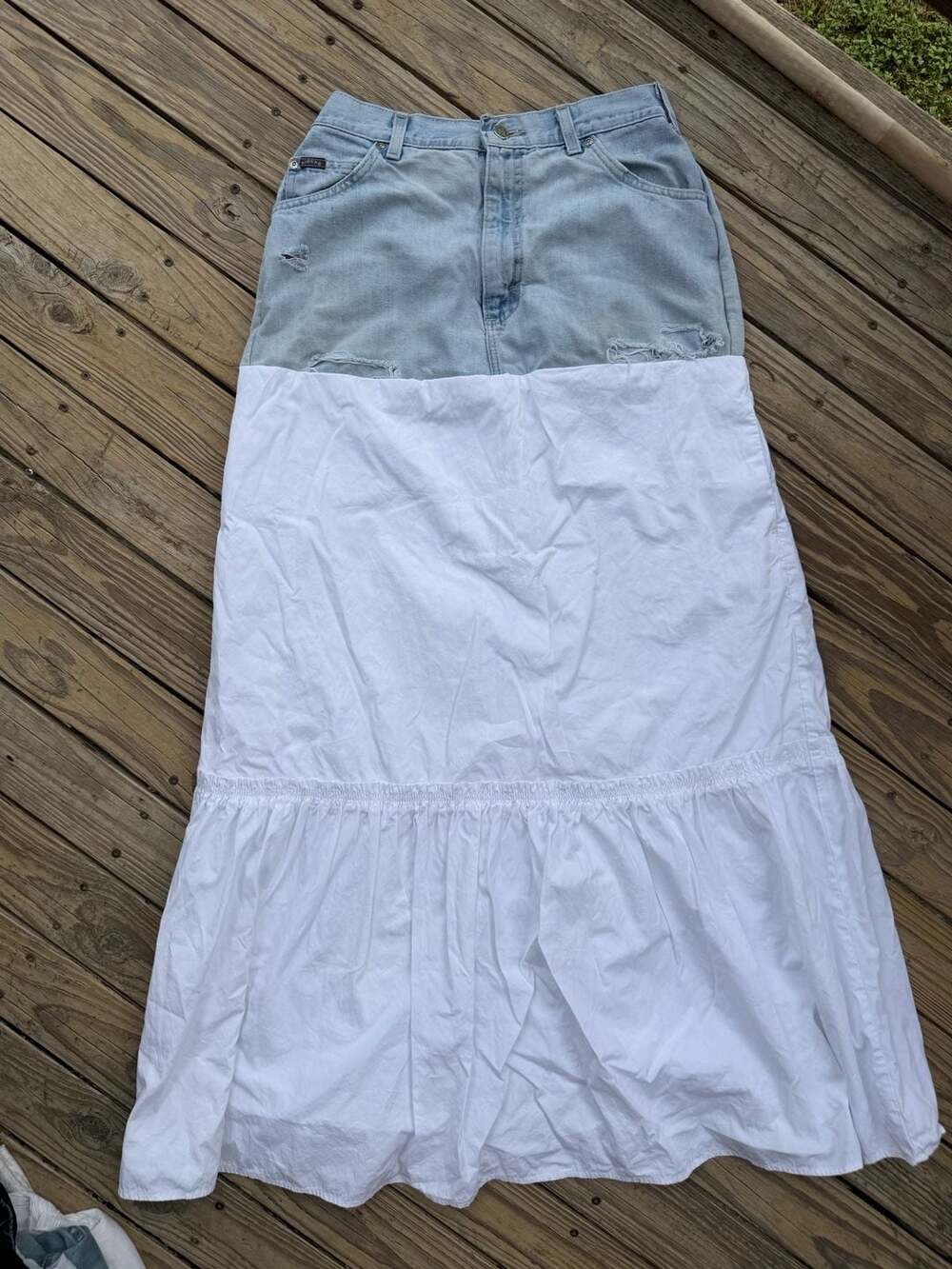 Riders Denim Upcycled Jean Maxi Skirt with White Tiered Hem
